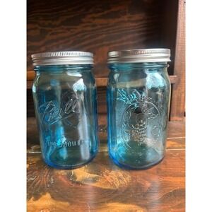 Ball Wide Mouth Aqua Blue Mason Jars Set of 2 Fruit Medallion Glass 32oz 6.5in